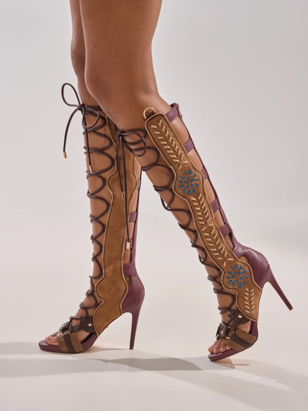 Azalea Wang SHAI Plum Multi Knee-High Zip-Up Stiletto Gladiator Sandals NWOT